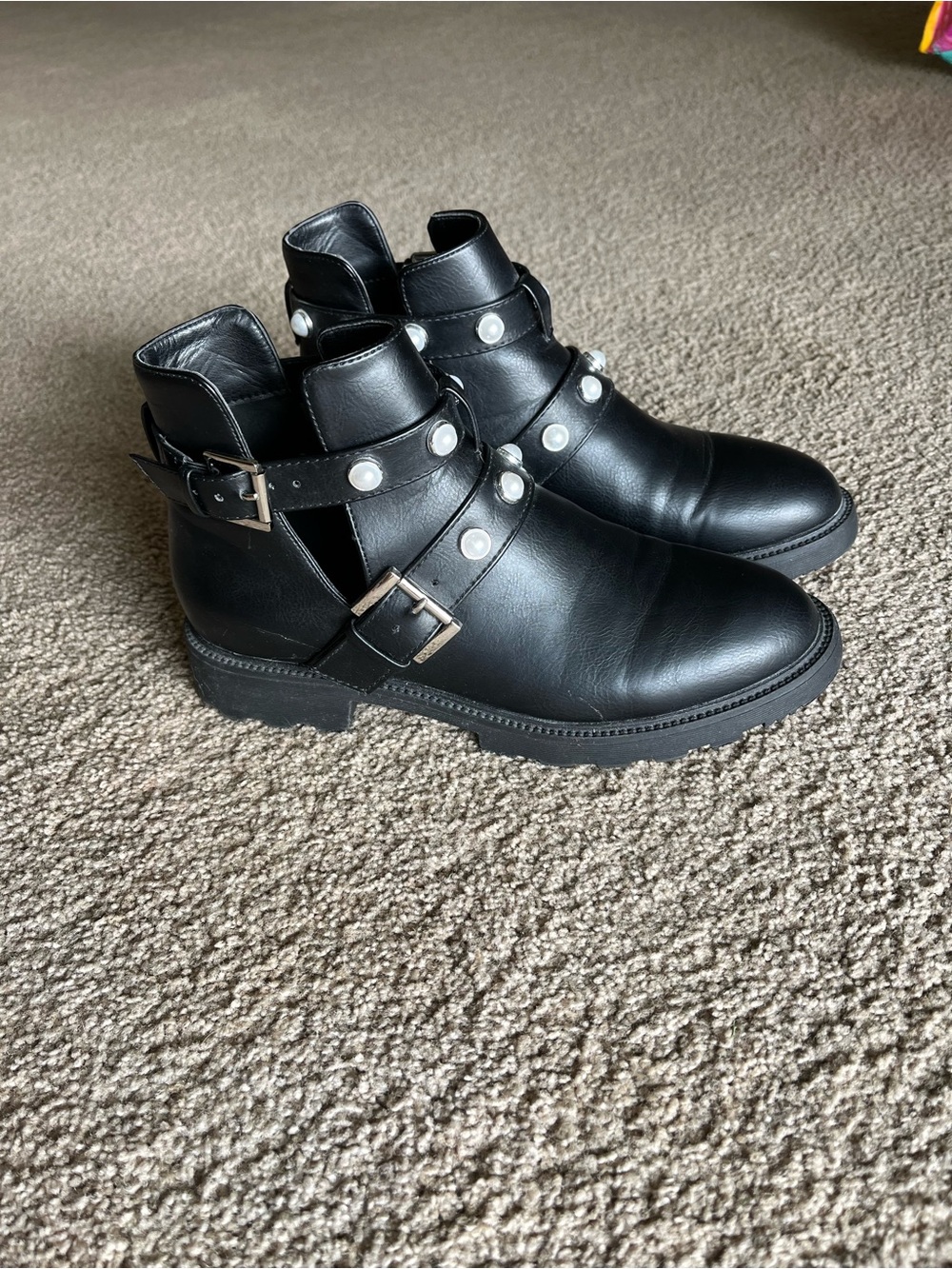 Black Pearl-Stud Cutout Ankle Boots